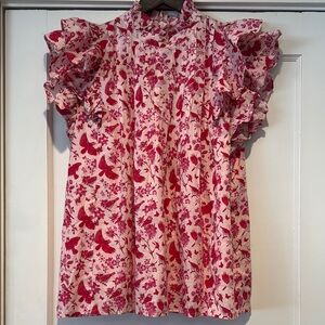 Victoria Dunn pink swallow/floral Ruffle Sleeve Top L